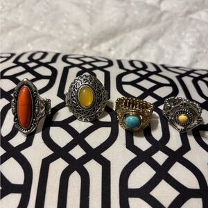 Silver and Gold Vintage Ring Set with Orange, Yellow, and Turquoise Stones